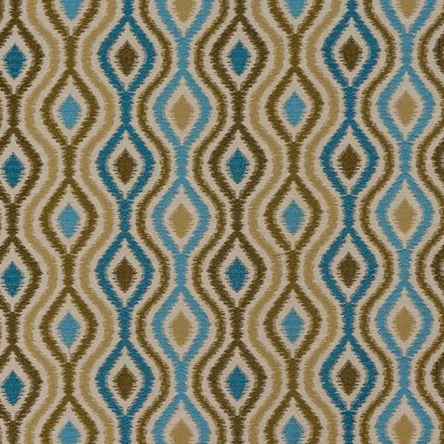 Geometric upholstery swatch with teal teardrops, gold outlines and cream ground