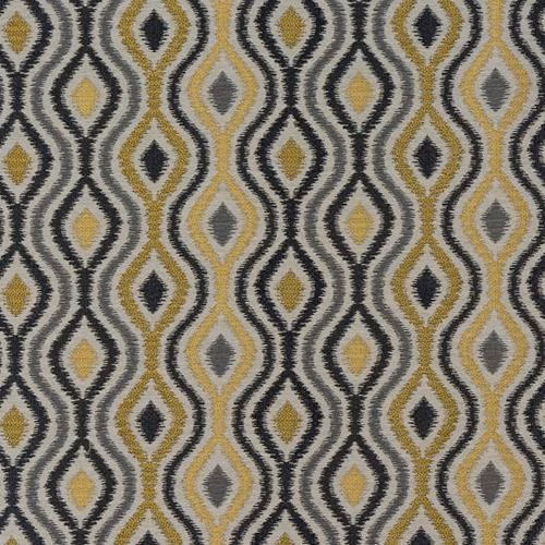 Geometric woven fabric in ochre, charcoal and grey diamond motif on a pale ground