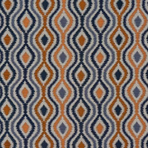 Geometric upholstery swatch with spice orange, navy and grey diamond motifs