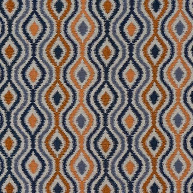 Geometric upholstery swatch with spice orange, navy and grey diamond motifs