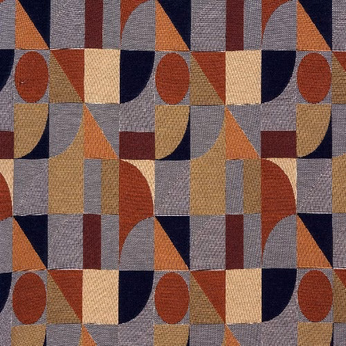 Close-up of Adler Harlequin geometric fabric in navy, rust, ochre and grey blocks