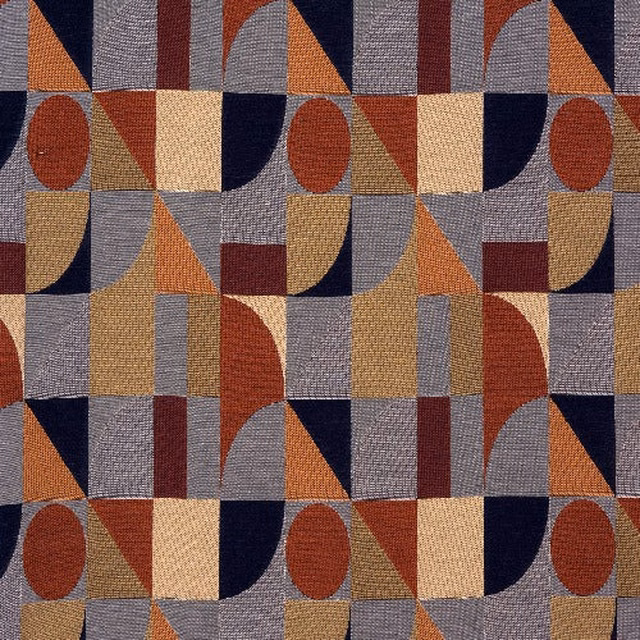 Close-up of Adler Harlequin geometric fabric in navy, rust, ochre and grey blocks
