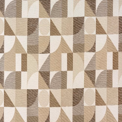 Geometric fabric swatch in warm beige, taupe and cream blocks with woven texture