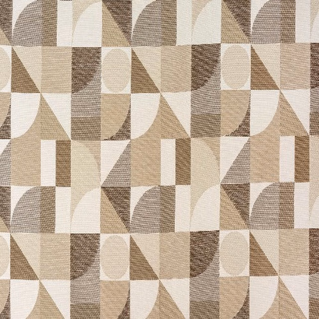 Geometric fabric swatch in warm beige, taupe and cream blocks with woven texture