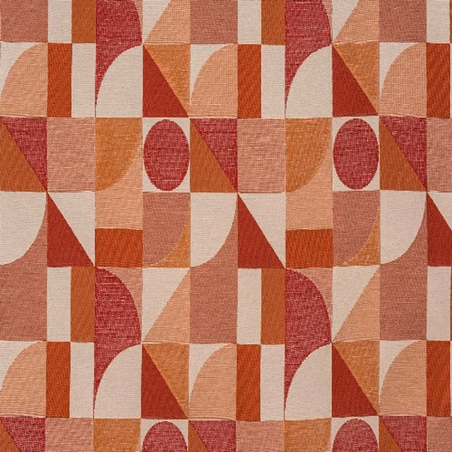 Geometric woven fabric in spice orange, terracotta, cream and berry red blocks