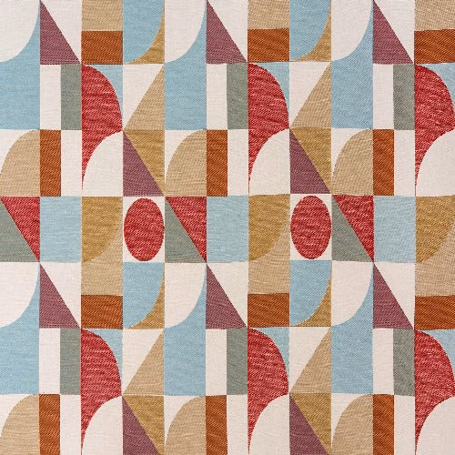 Pastel geometric fabric with aqua, raspberry, ochre and plum blocks