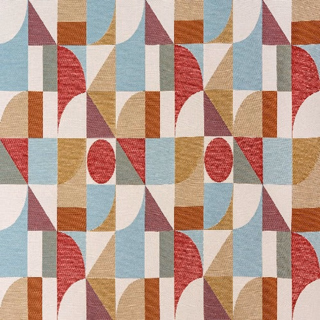 Pastel geometric fabric with aqua, raspberry, ochre and plum blocks
