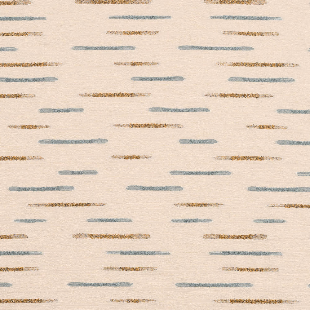 Cream fabric swatch with scattered short blue and gold brushstroke stripes