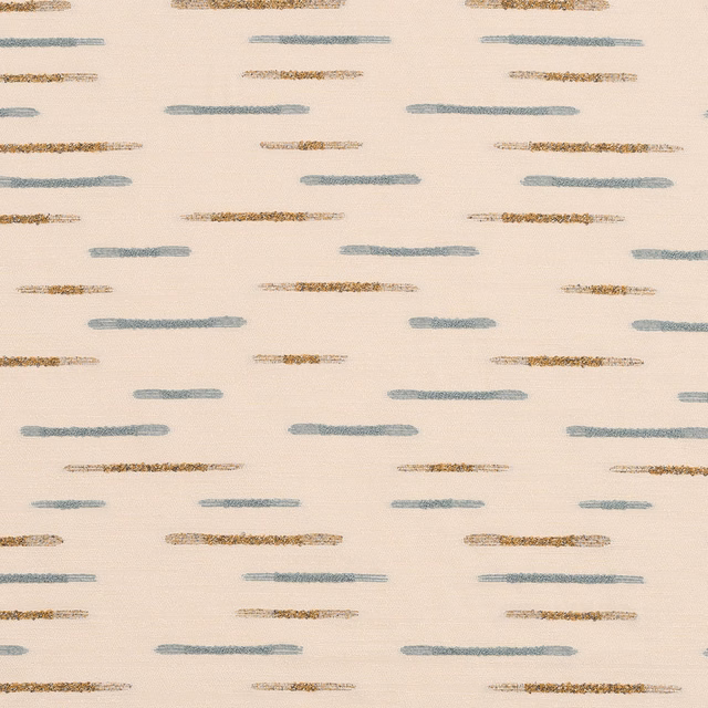 Cream fabric swatch with scattered short blue and gold brushstroke stripes