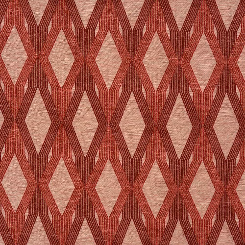 Deep terracotta red geometric diamond weave on a pale neutral ground