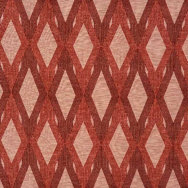 Deep terracotta red geometric diamond weave on a pale neutral ground