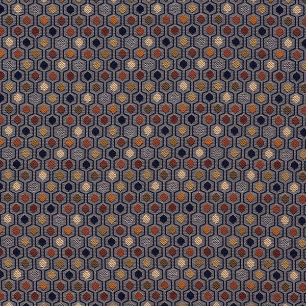 Small geometric fabric swatch in blue-grey with ochre, rust and mustard accents