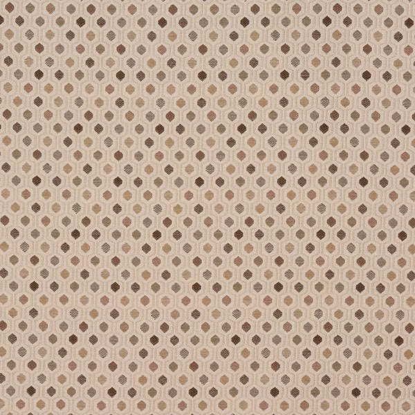 Small geometric fabric swatch in warm beige and taupe hexagon motifs