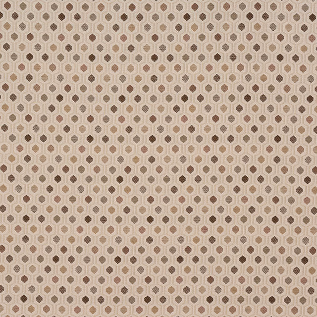 Small geometric fabric swatch in warm beige and taupe hexagon motifs