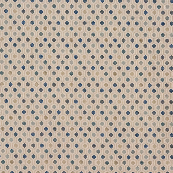 Small geometric fabric swatch in seafoam teal, blue and grey on a light neutral ground