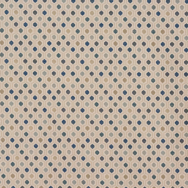Small geometric fabric swatch in seafoam teal, blue and grey on a light neutral ground
