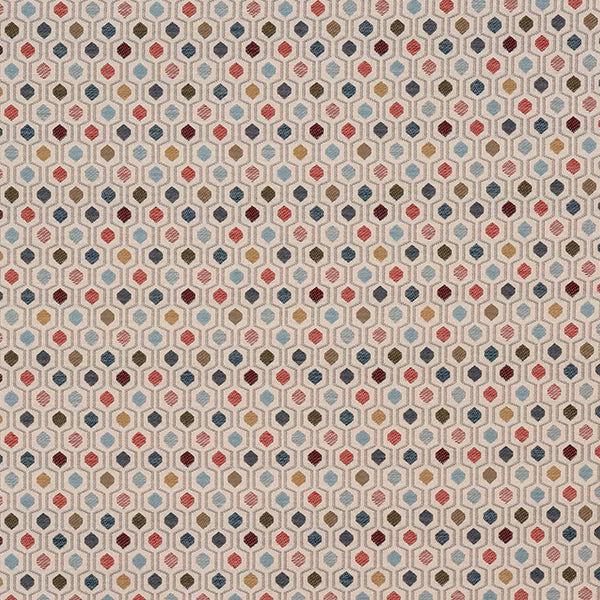 Small geometric fabric swatch with cream ground and coral, teal and olive hexagon motifs