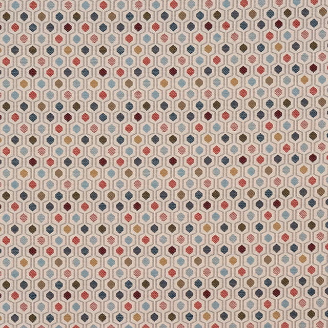 Small geometric fabric swatch with cream ground and coral, teal and olive hexagon motifs