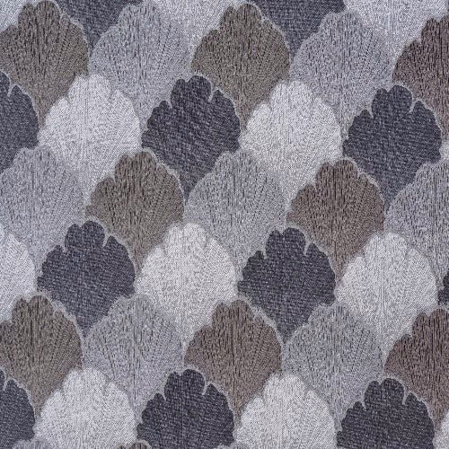 Grey scalloped shell pattern woven in soft dove, charcoal and stone tones