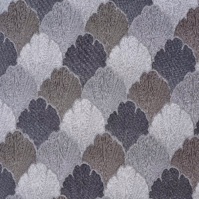 Grey scalloped shell pattern woven in soft dove, charcoal and stone tones