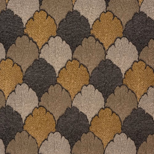 Scalloped geometric floral fabric in gold, taupe, stone and charcoal weave