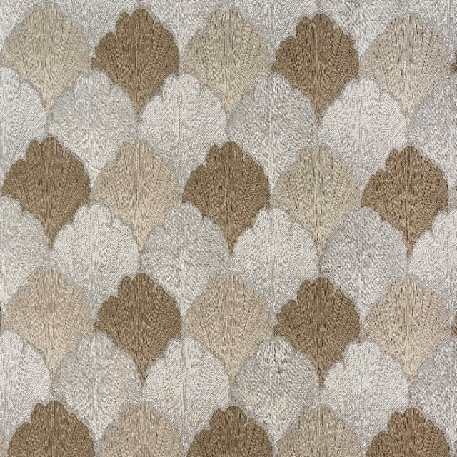 Close-up of Pamplona Natural fabric showing a scalloped taupe and stone woven pattern