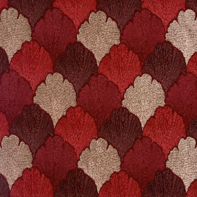 Close-up of a red and beige scalloped woven fabric with textured surface