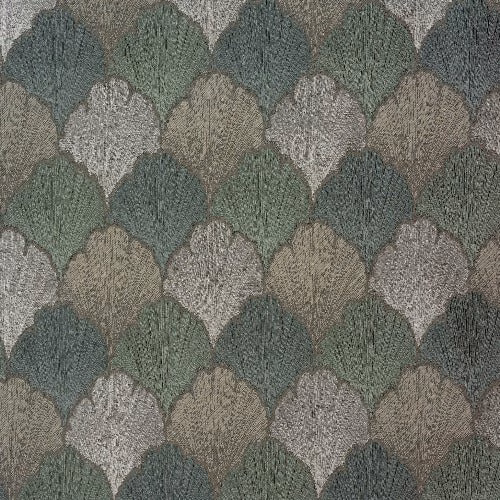 Seafoam green scalloped woven fabric with muted teal and stone tones