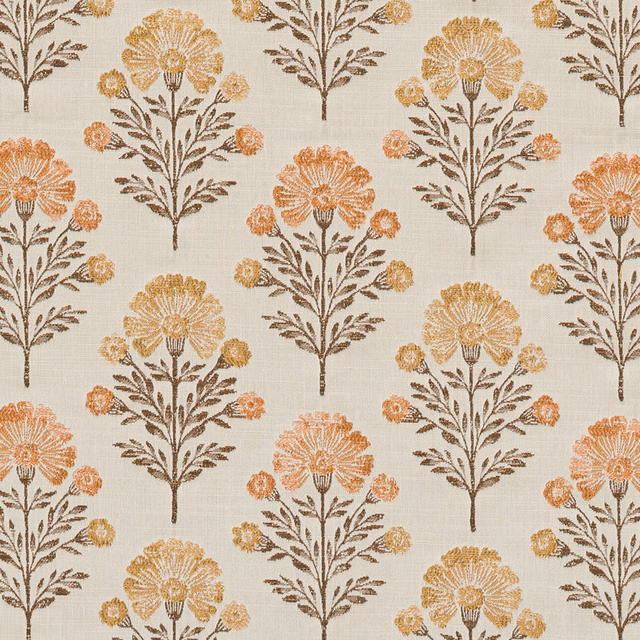 Cream fabric with repeating stylised floral motifs in apricot, ochre and brown