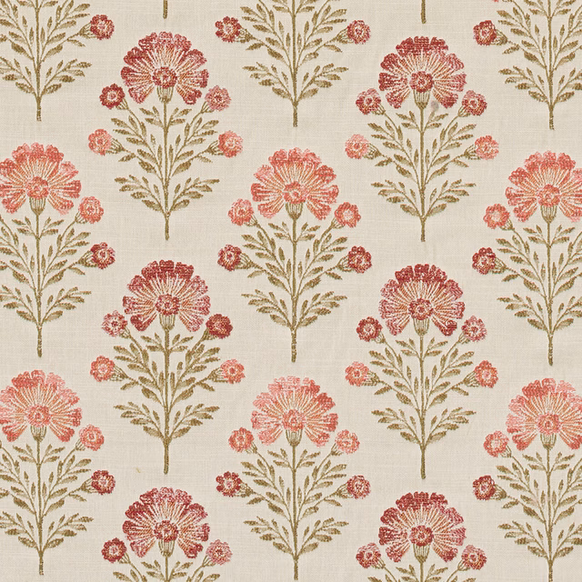 Cream floral chintz fabric with pink blossoms and olive stems