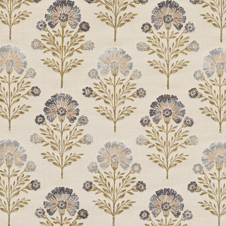Cream floral fabric with indigo and sage botanical motifs in a neat repeating pattern
