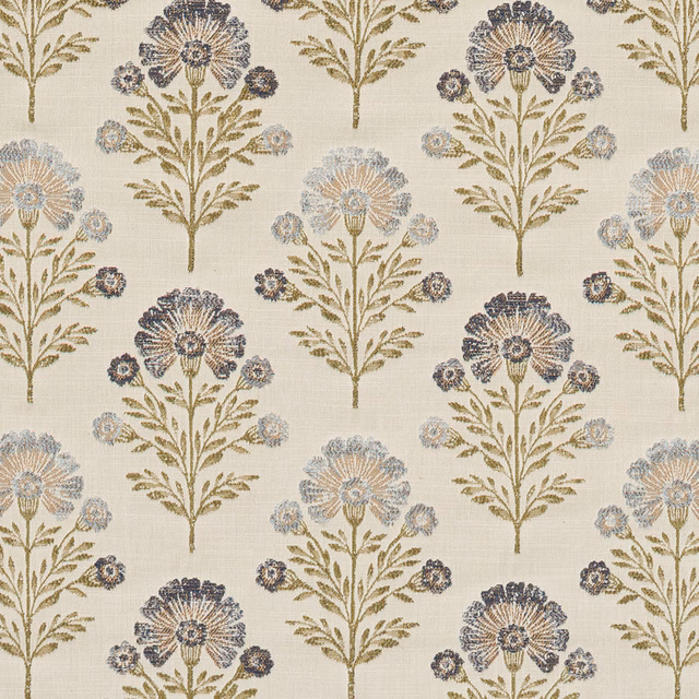 Cream floral fabric with indigo and sage botanical motifs in a neat repeating pattern