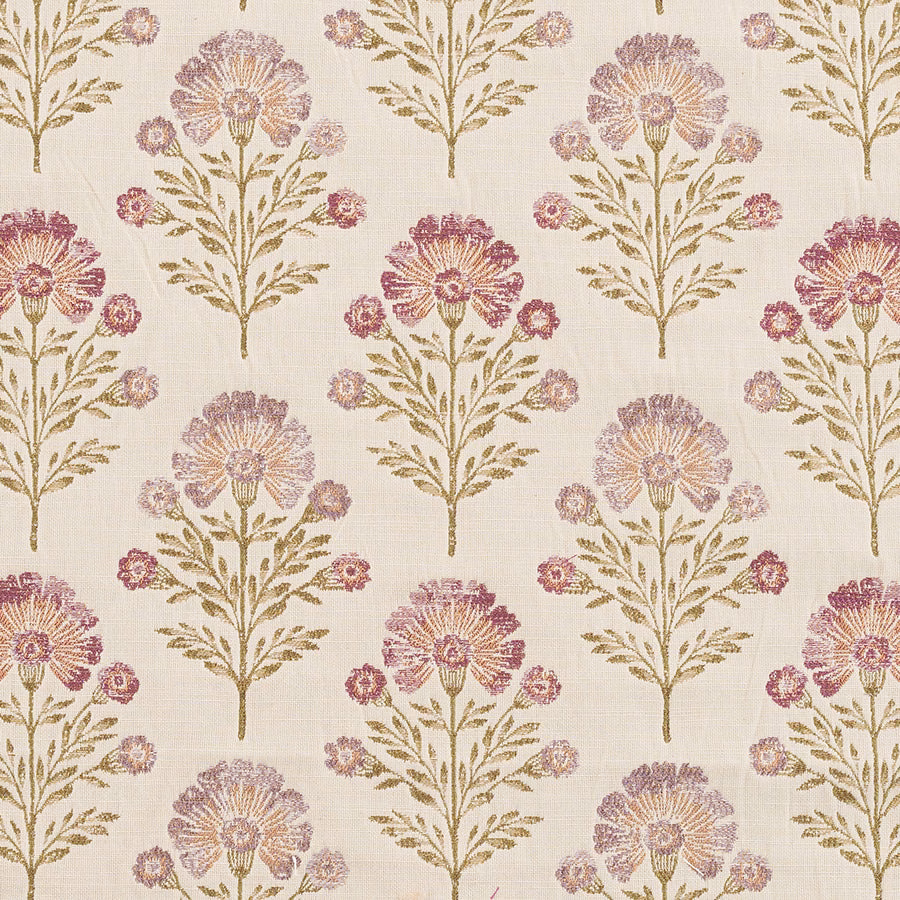 Cream ground fabric with repeated mauve and mulberry floral stems