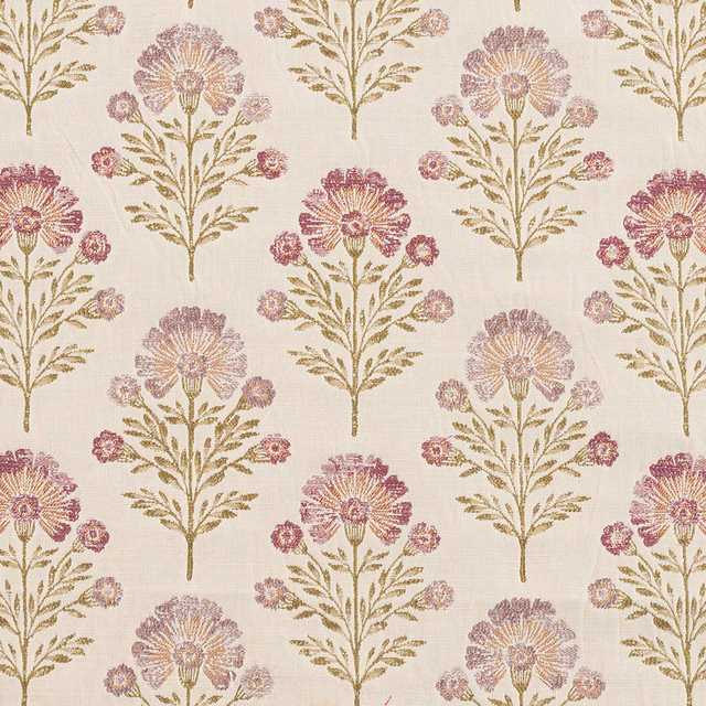 Cream ground fabric with repeated mauve and mulberry floral stems