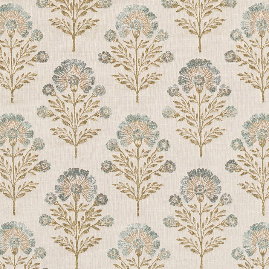 Repeating seafoam and teal floral sprigs on an ivory woven fabric