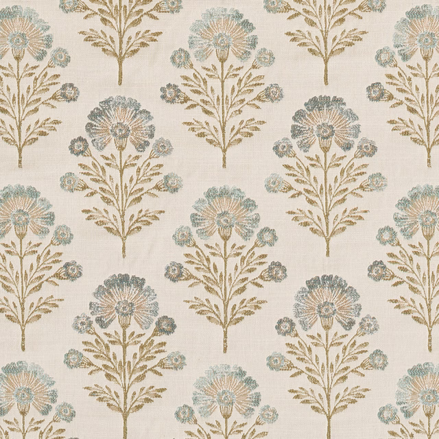 Repeating seafoam and teal floral sprigs on an ivory woven fabric