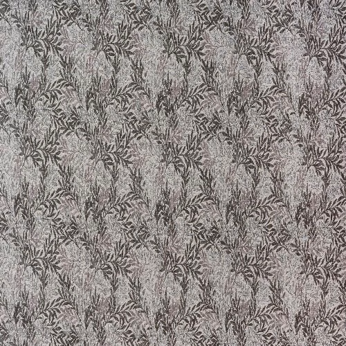 Soft dove-grey botanical stripe fabric with charcoal leaf motif