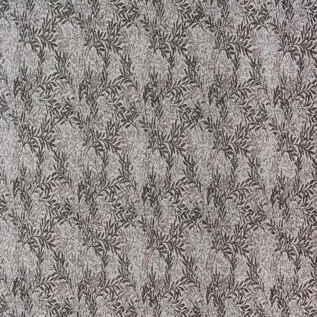 Soft dove-grey botanical stripe fabric with charcoal leaf motif