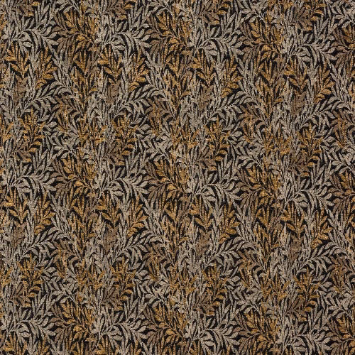 Close-up of a gold, taupe and brown botanical woven fabric with dense leaf motif