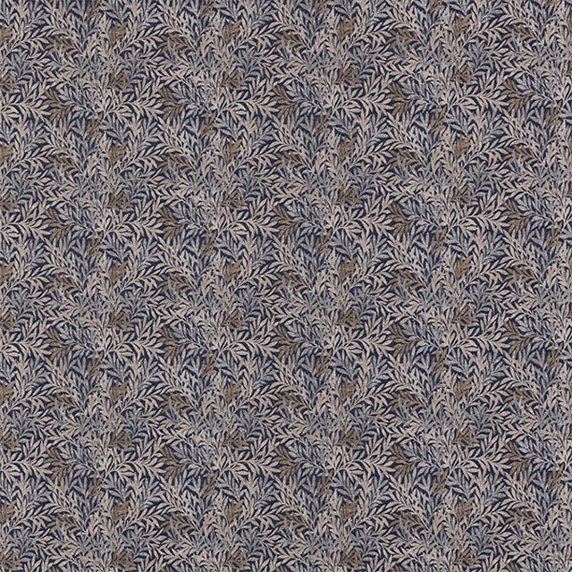 Dense small leaf pattern in indigo, beige and ivory woven fabric