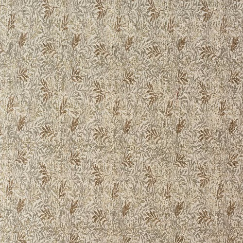 Close-up of beige botanical fabric with small taupe leaf motif and textured weave