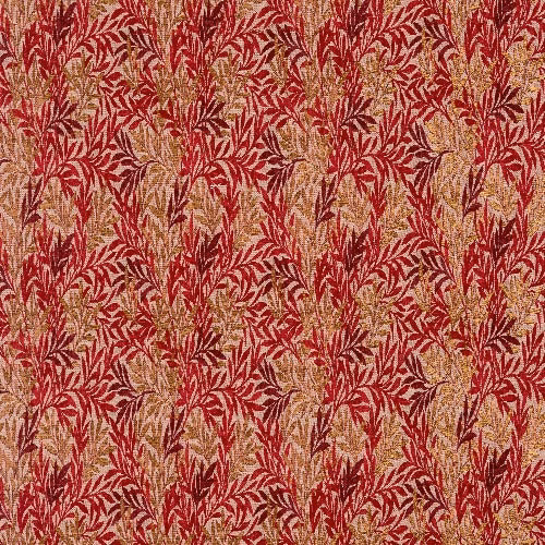Crimson leaf-patterned fabric with gold ground and woven texture