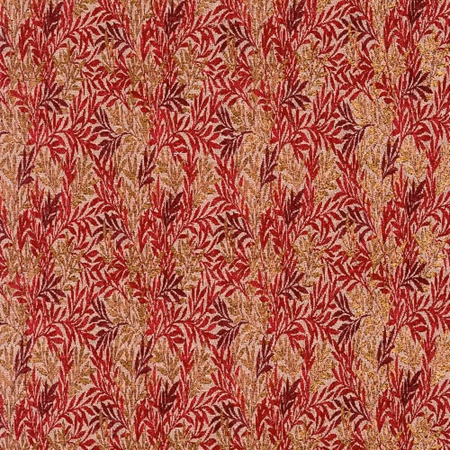 Crimson leaf-patterned fabric with gold ground and woven texture