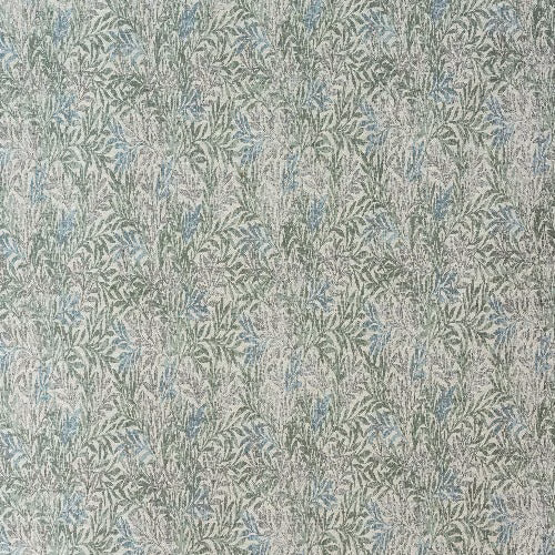 Close-up of a soft seafoam botanical fabric with small leafy pattern and muted green-blue weave