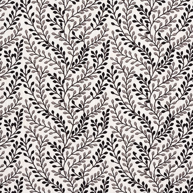 Charcoal and grey leaf trail on a pale woven fabric ground