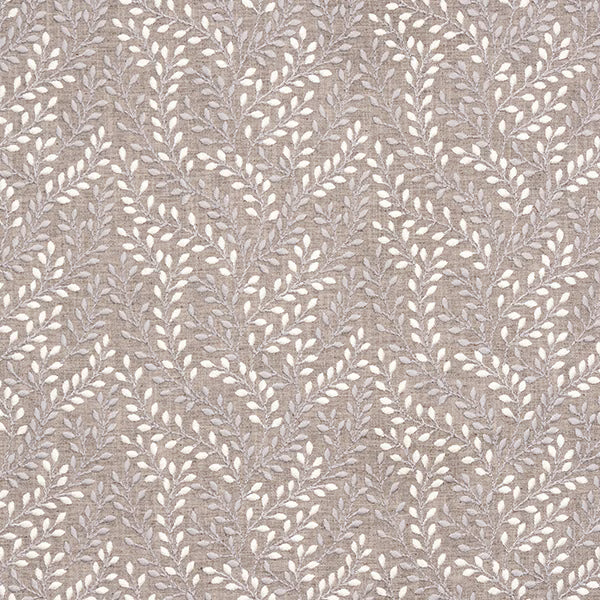 Taupe woven fabric with a small trailing leaf pattern in ivory