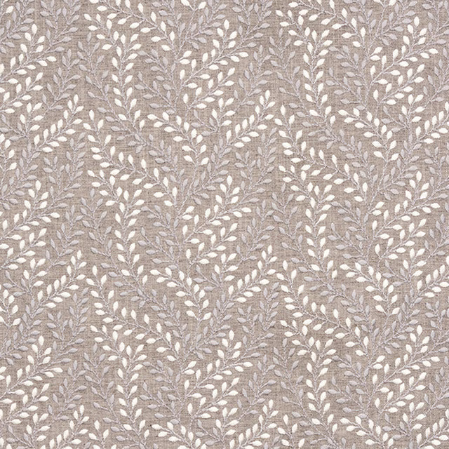 Taupe woven fabric with a small trailing leaf pattern in ivory