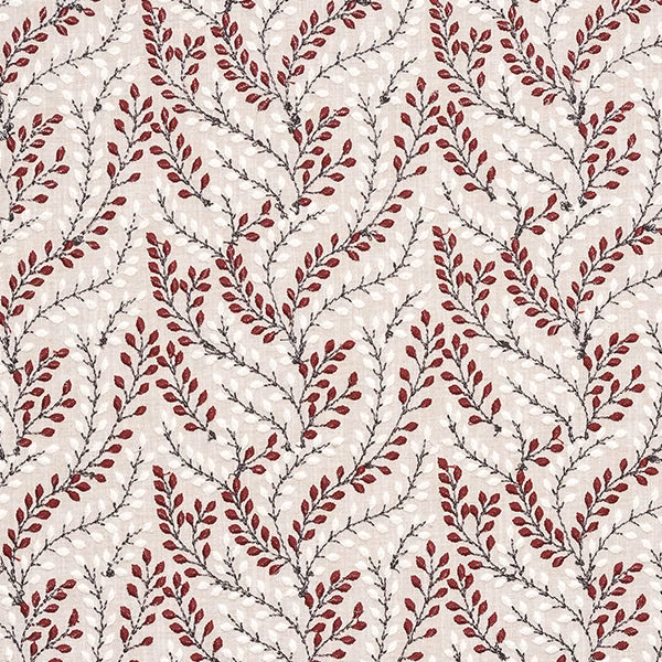 Cream fabric swatch with repeating berry-red leaf branches and fine dark stems