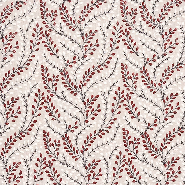 Cream fabric swatch with repeating berry-red leaf branches and fine dark stems