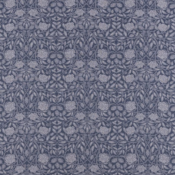 Blue-grey floral woven fabric with leafy vine pattern and small blooms